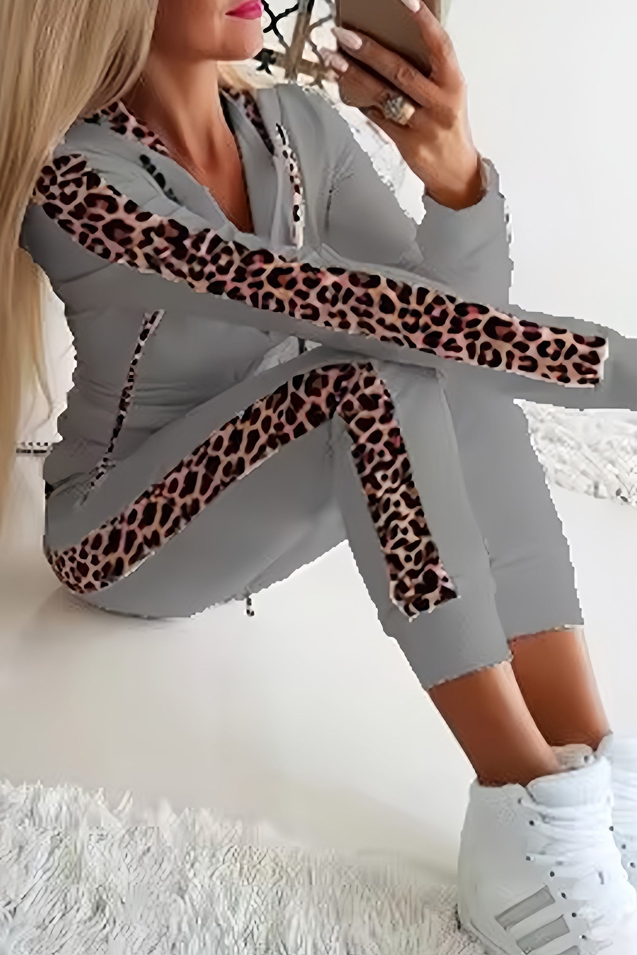 Leopard Patchwork Zip-up Hoodie Suits