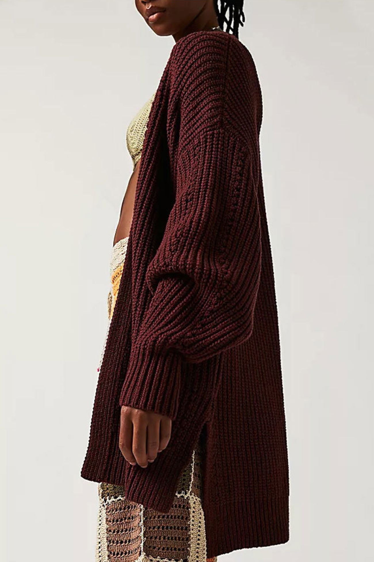 Lantern Sleeve Open Front Side Slit Cardigan