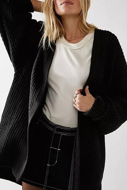 Lantern Sleeve Open Front Side Slit Cardigan