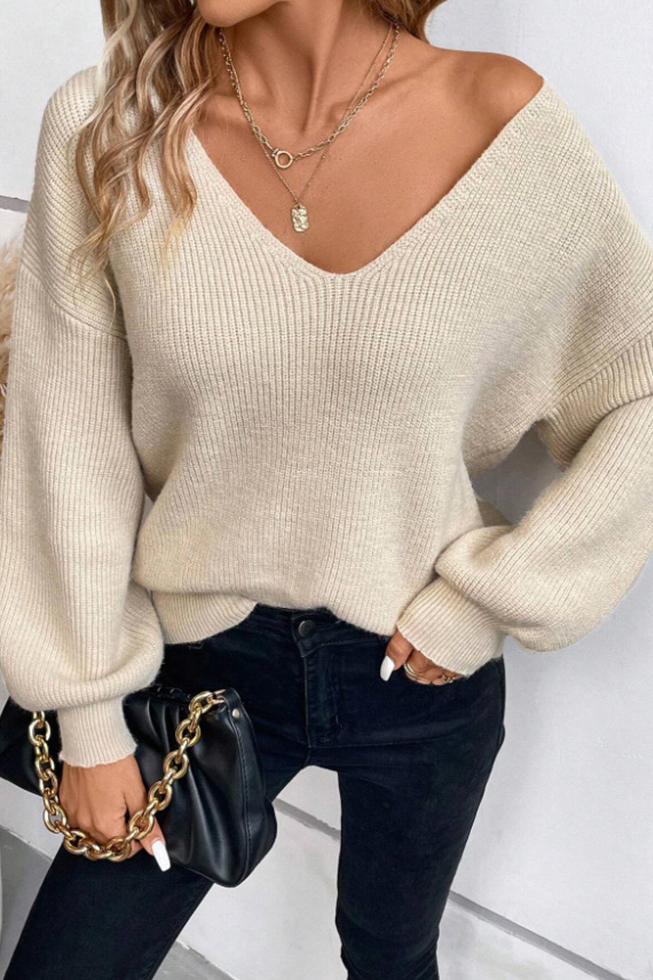 Lantern Sleeve V Neck Back Bow-knot Sweater