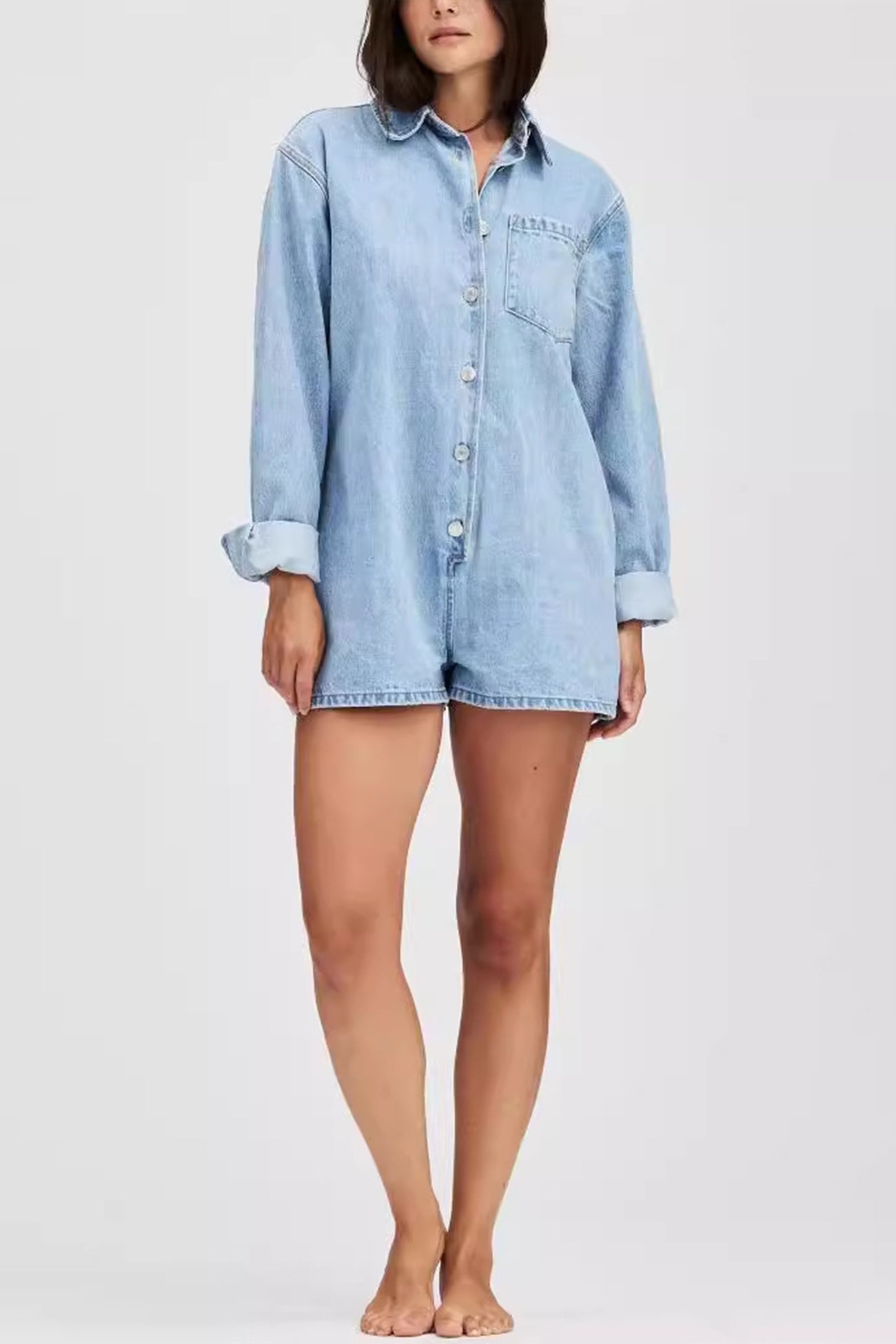 Lapel Long Sleeve Denim Rompers