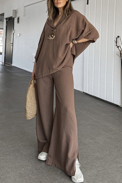 Lapel Shirt Slit Hem Long Pants Set