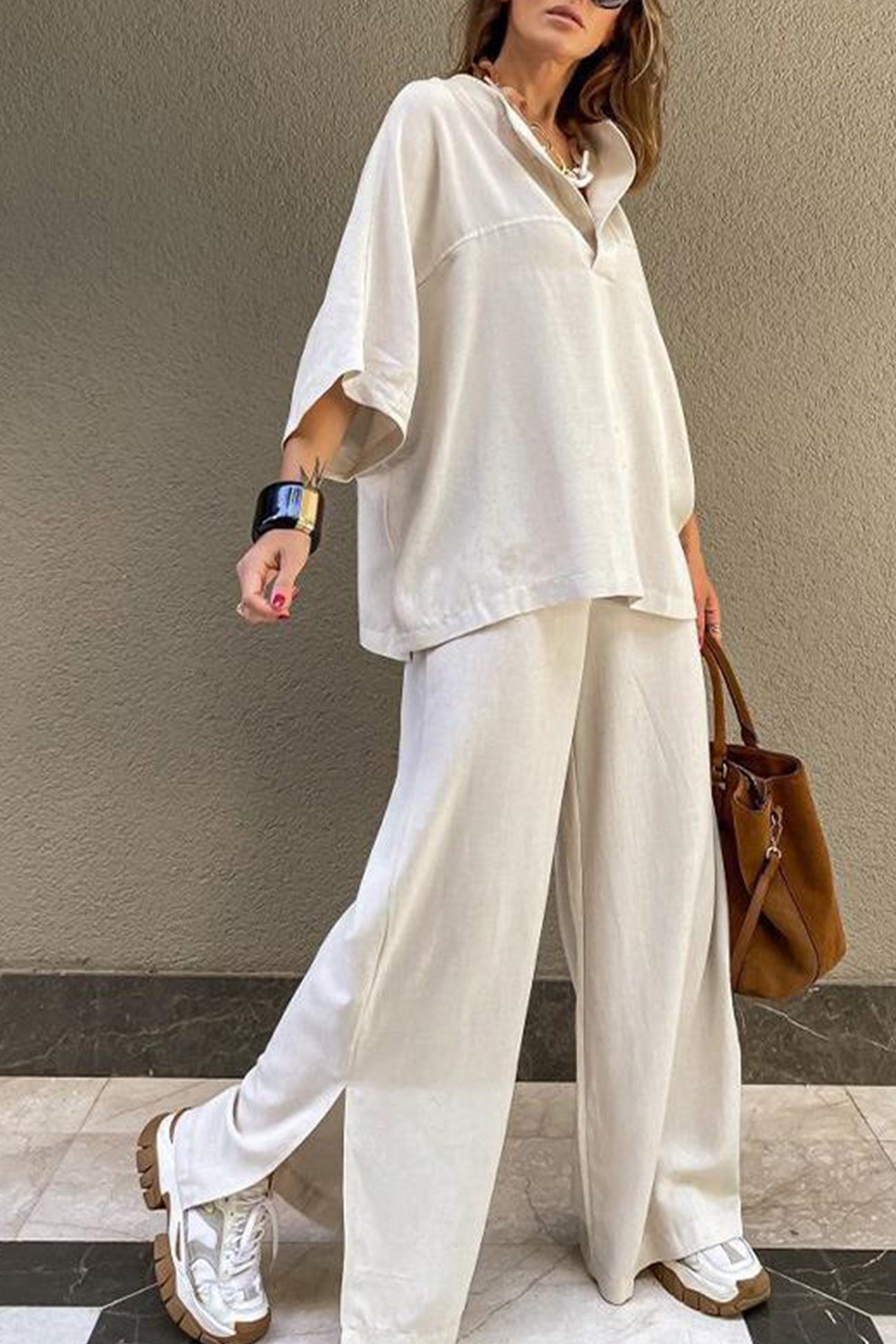 Lapel Shirt Slit Hem Long Pants Set