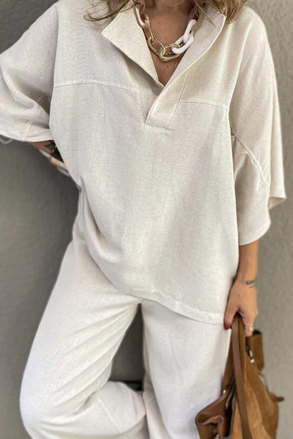 Lapel Shirt Slit Hem Long Pants Set