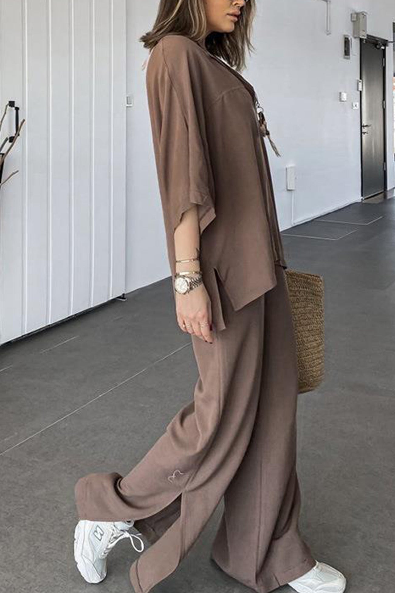 Lapel Shirt Slit Hem Long Pants Set