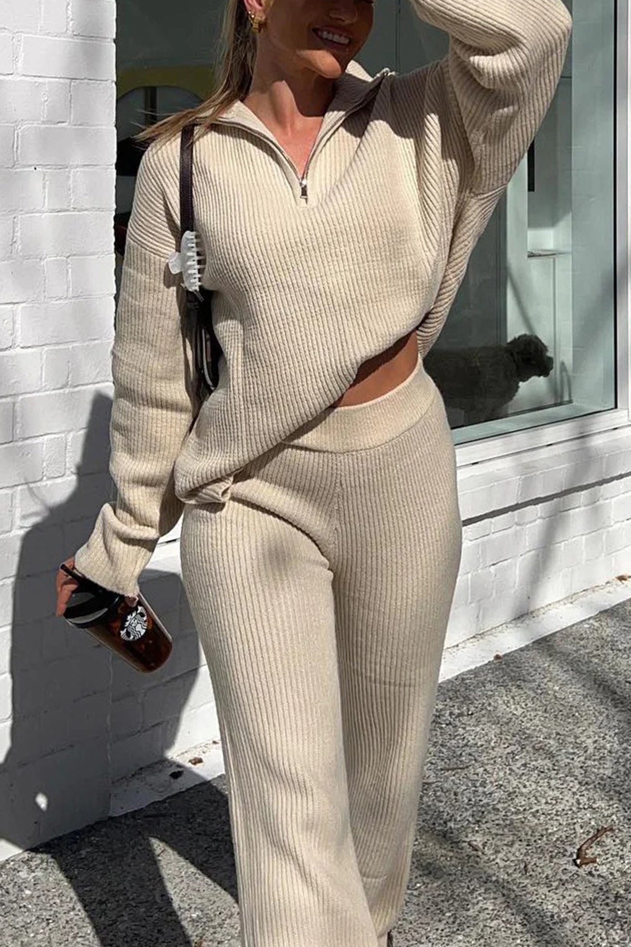 Lapel Zip-up Ribbed Knit Two-piece Outfit