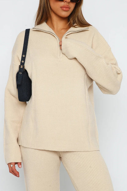 Lapel Zip-up Ribbed Knit Two-piece Outfit