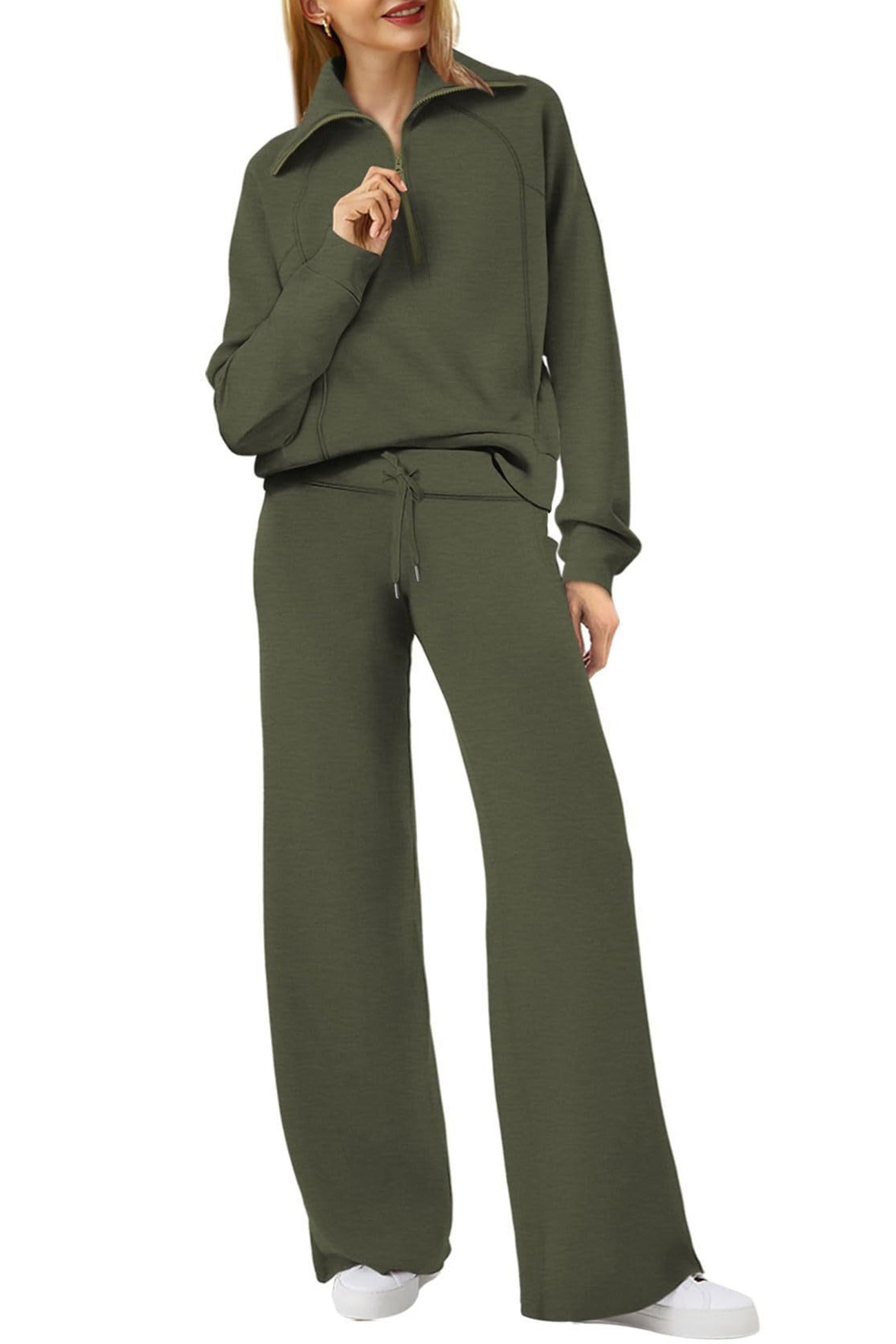 Lapel Zip-up Sweatshirt Wide Leg Long Pants Set