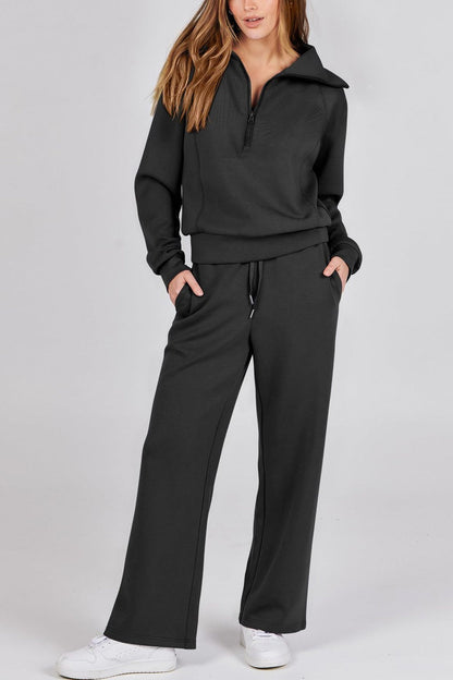 Lapel Zip-up Sweatshirt Wide Leg Long Pants Set