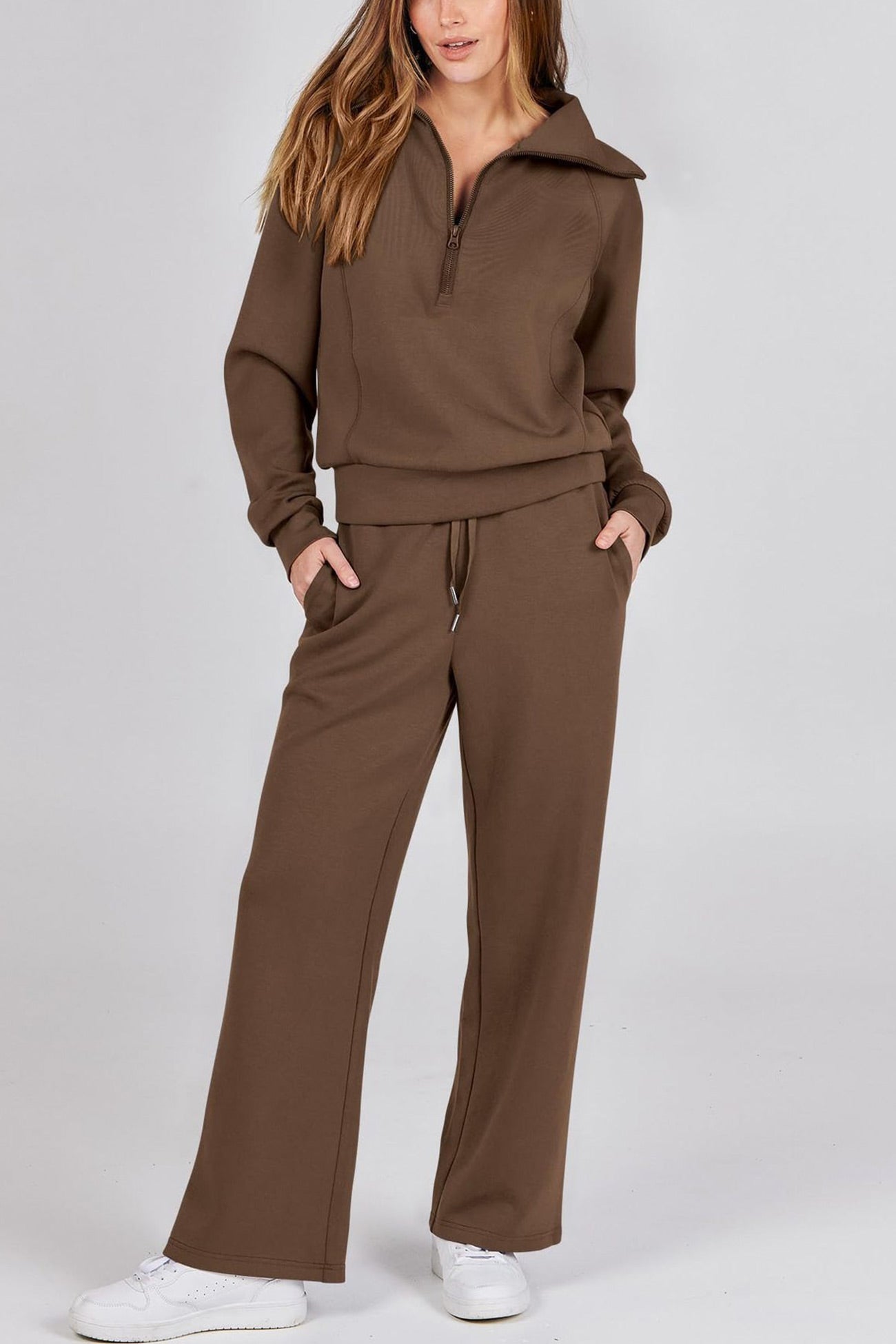 Lapel Zip-up Sweatshirt Wide Leg Long Pants Set