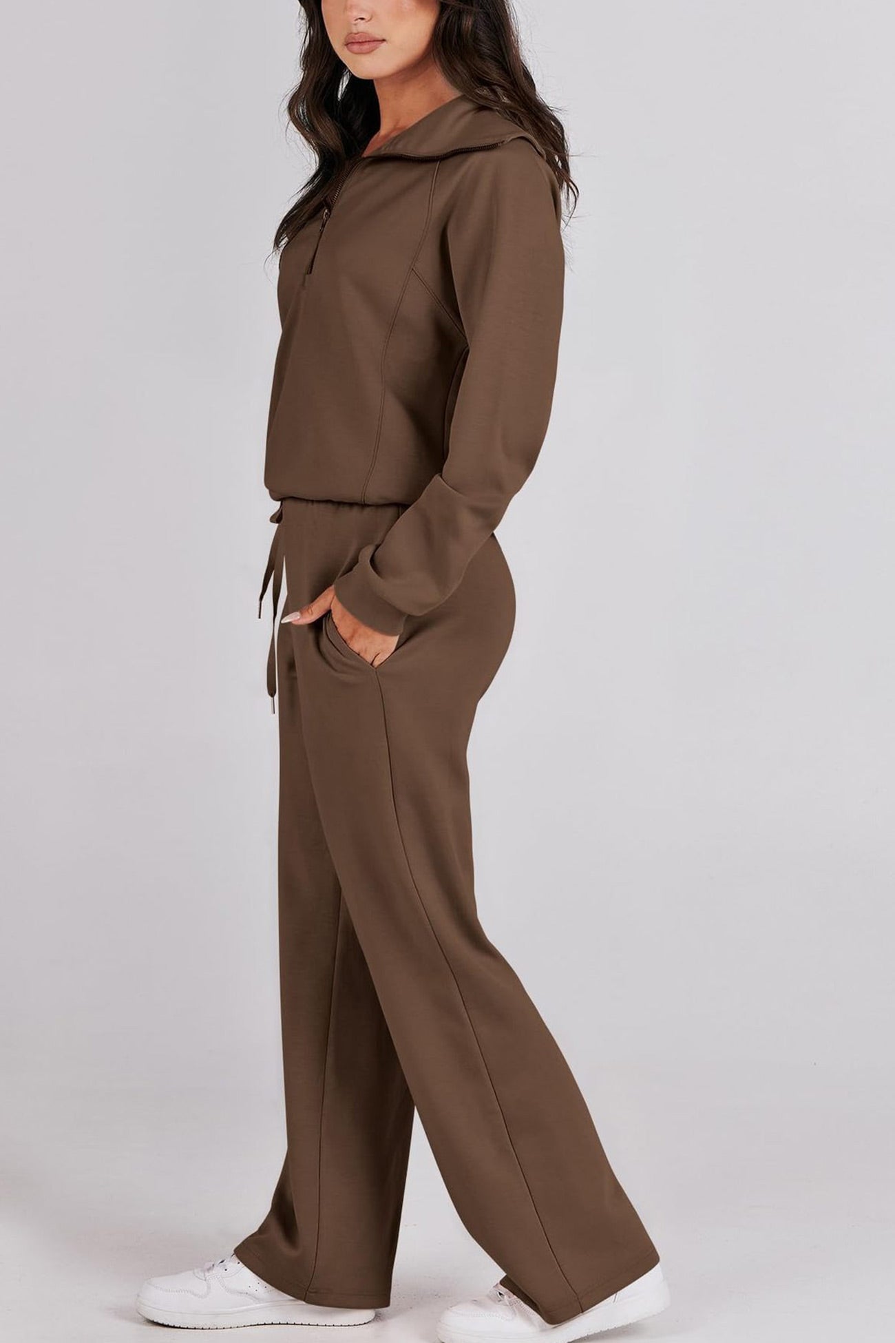 Lapel Zip-up Sweatshirt Wide Leg Long Pants Set