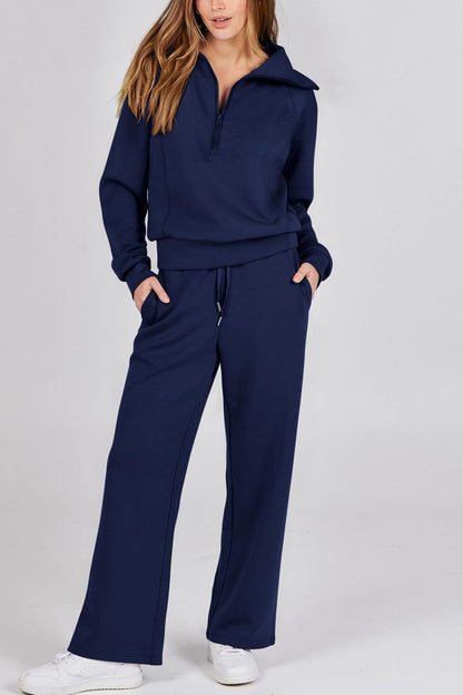 Lapel Zip-up Sweatshirt Wide Leg Long Pants Set