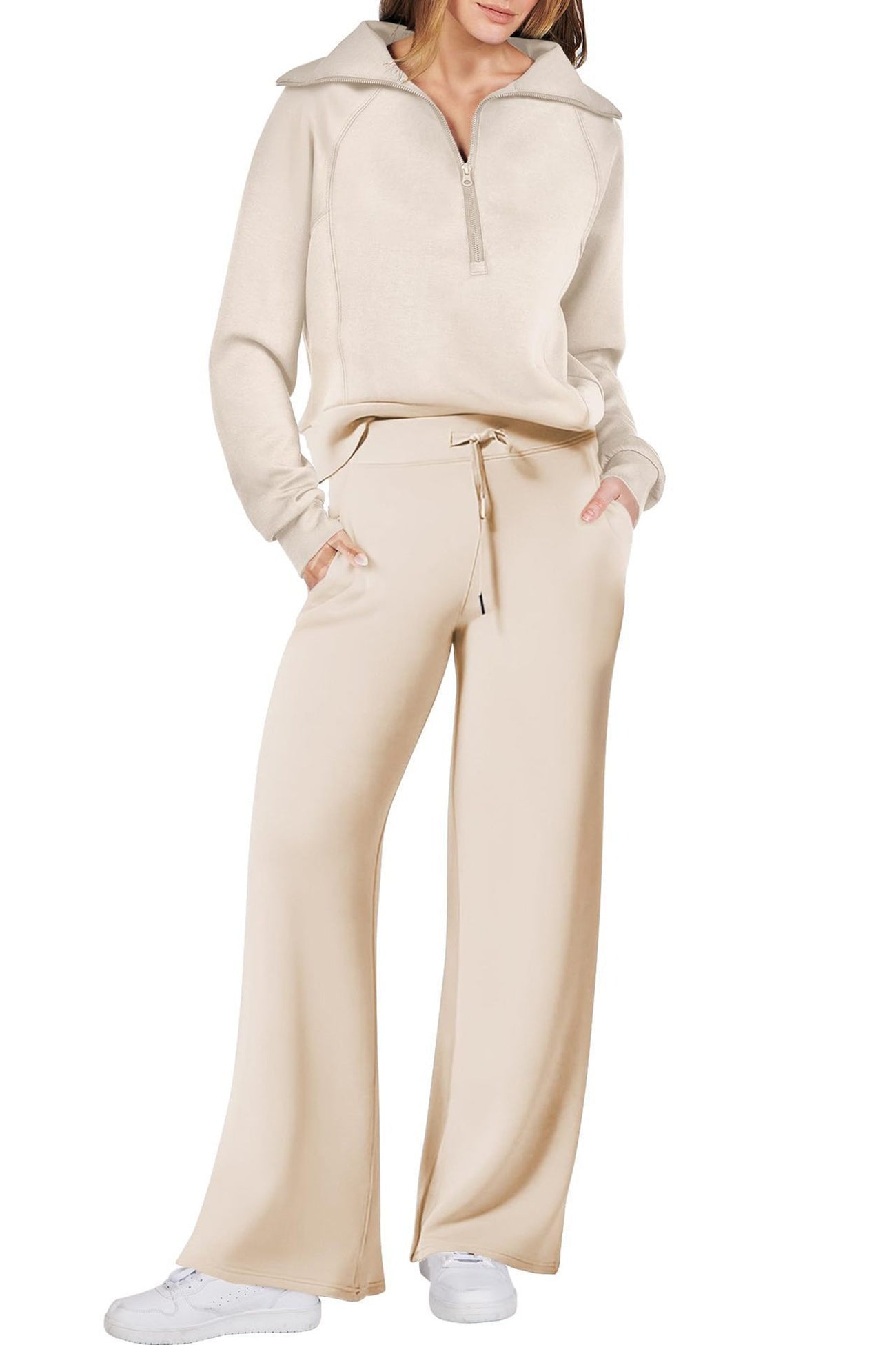 Lapel Zip-up Sweatshirt Wide Leg Long Pants Set