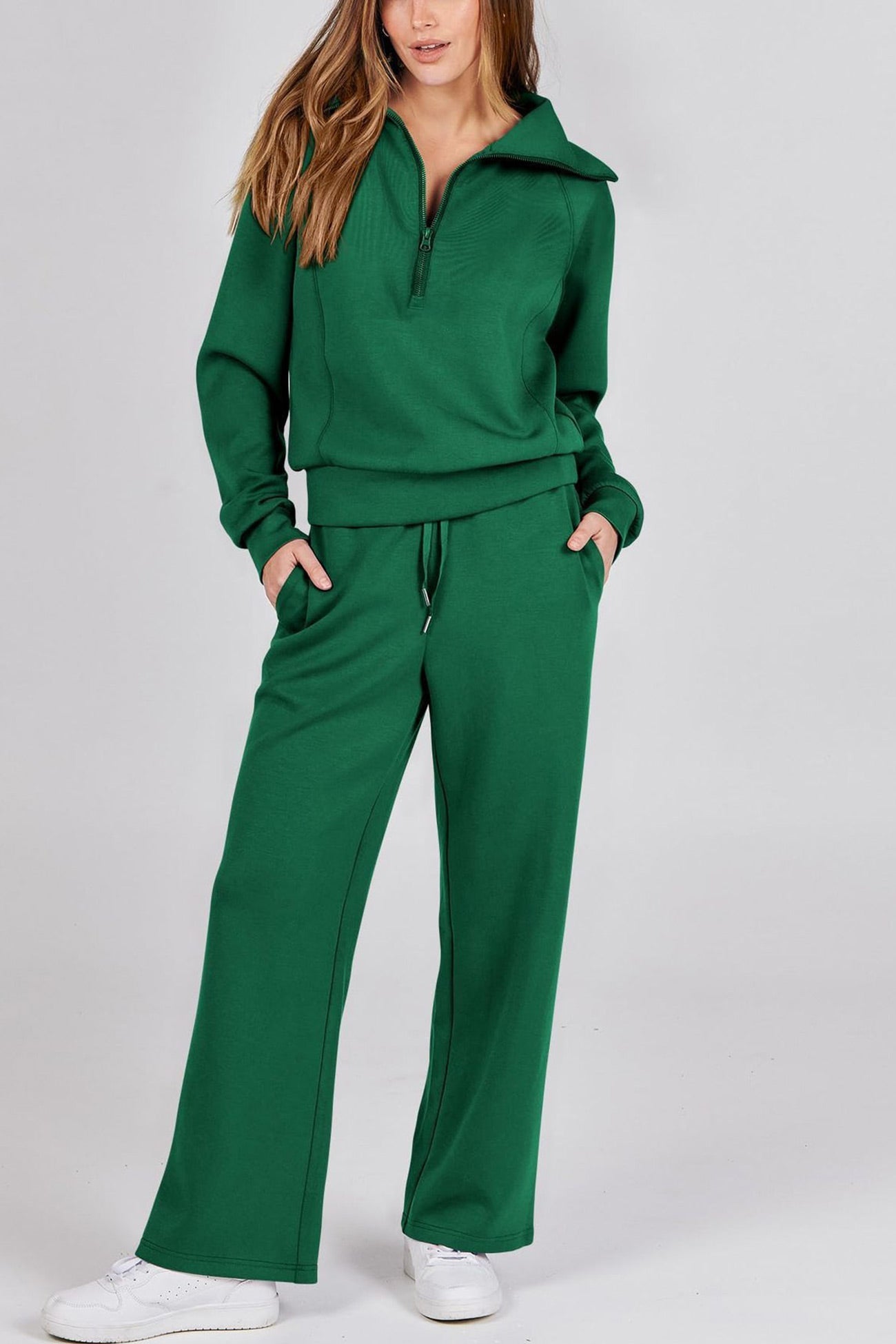 Lapel Zip-up Sweatshirt Wide Leg Long Pants Set