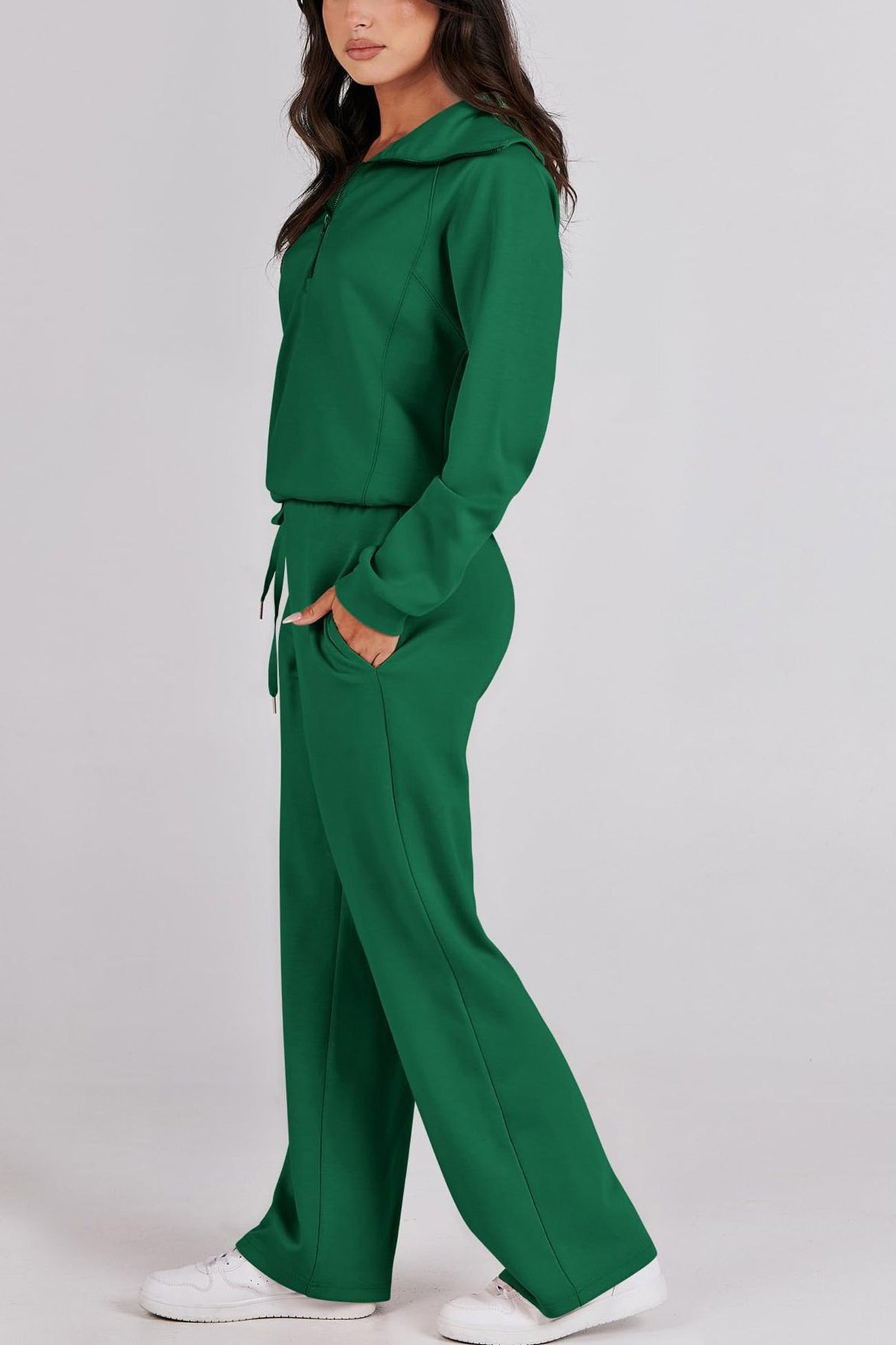 Lapel Zip-up Sweatshirt Wide Leg Long Pants Set