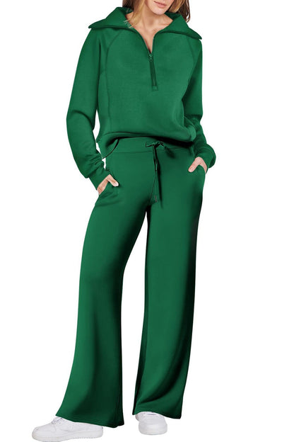 Lapel Zip-up Sweatshirt Wide Leg Long Pants Set