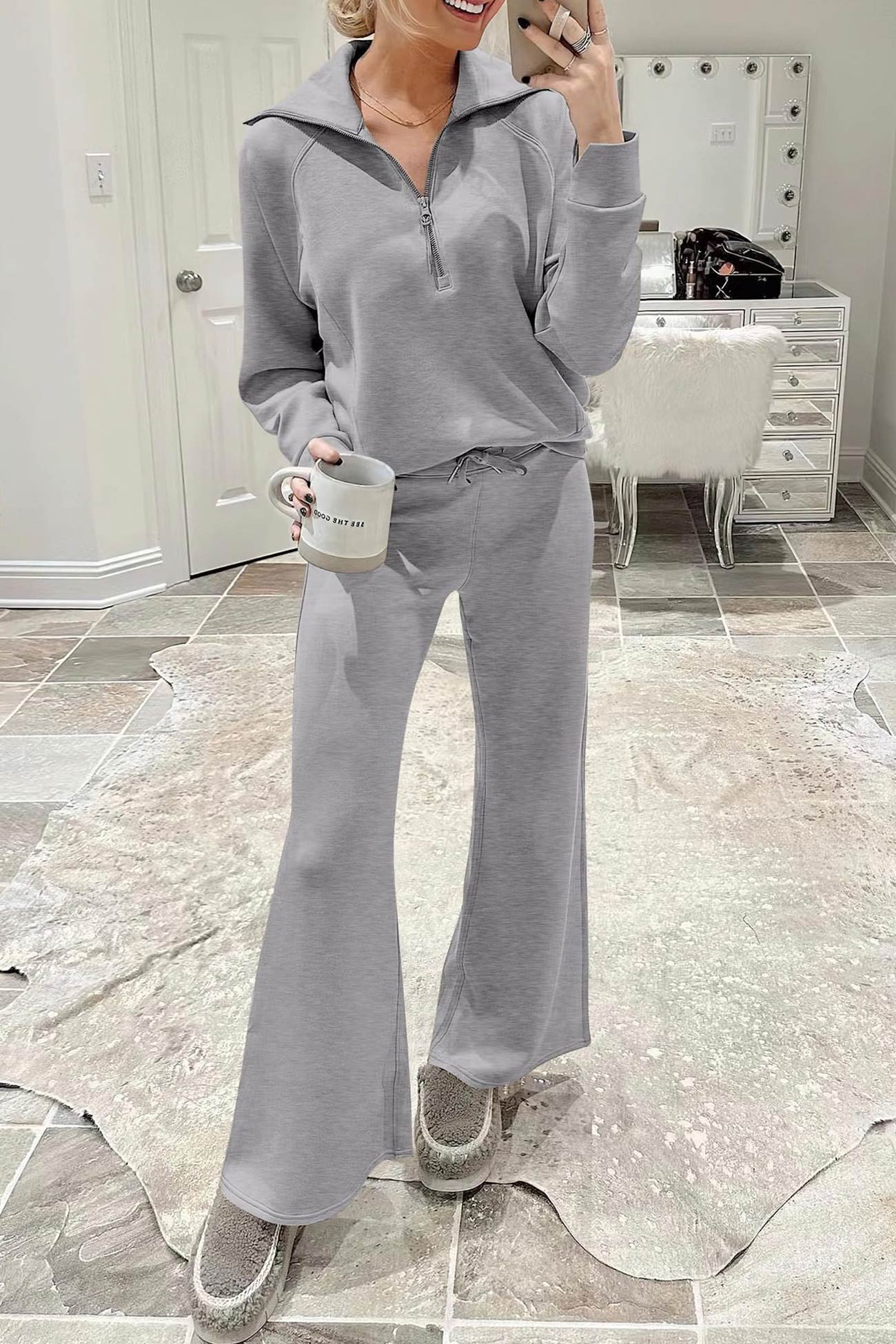 Lapel Zip-up Sweatshirt Wide Leg Long Pants Set