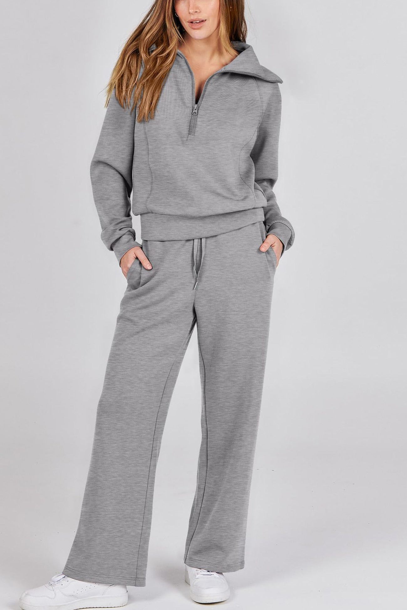 Lapel Zip-up Sweatshirt Wide Leg Long Pants Set