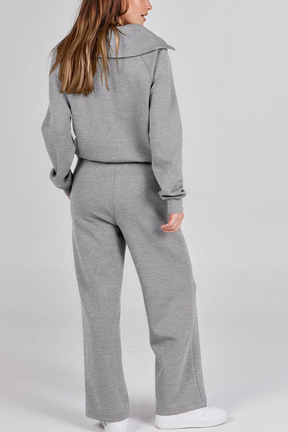 Lapel Zip-up Sweatshirt Wide Leg Long Pants Set