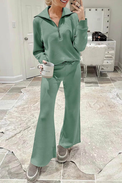 Lapel Zip-up Sweatshirt Wide Leg Long Pants Set