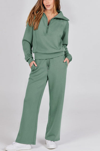 Lapel Zip-up Sweatshirt Wide Leg Long Pants Set