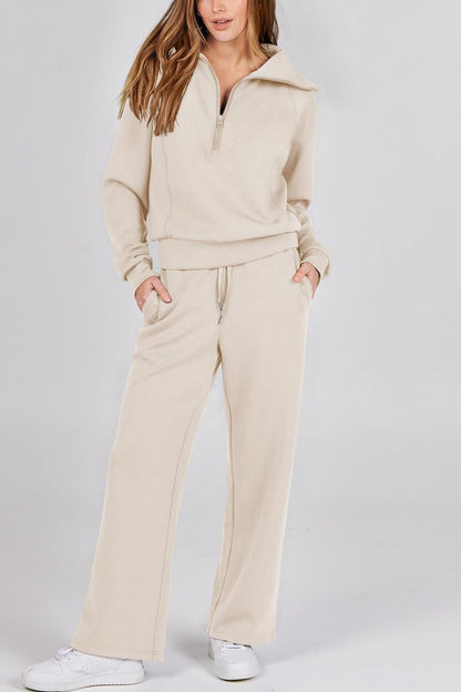 Lapel Zip-up Sweatshirt Wide Leg Long Pants Set