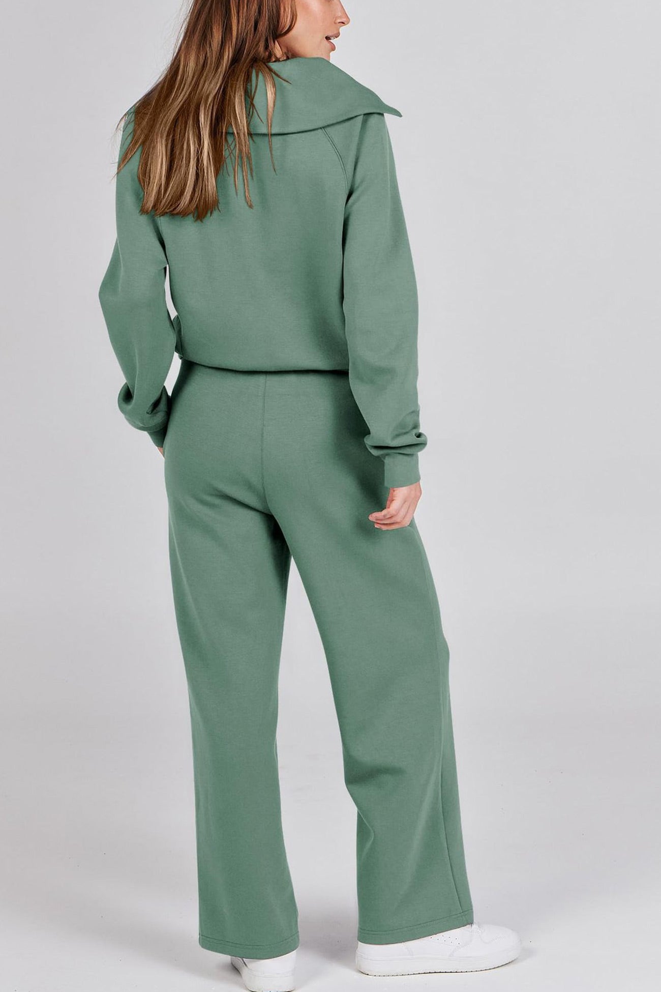 Lapel Zip-up Sweatshirt Wide Leg Long Pants Set