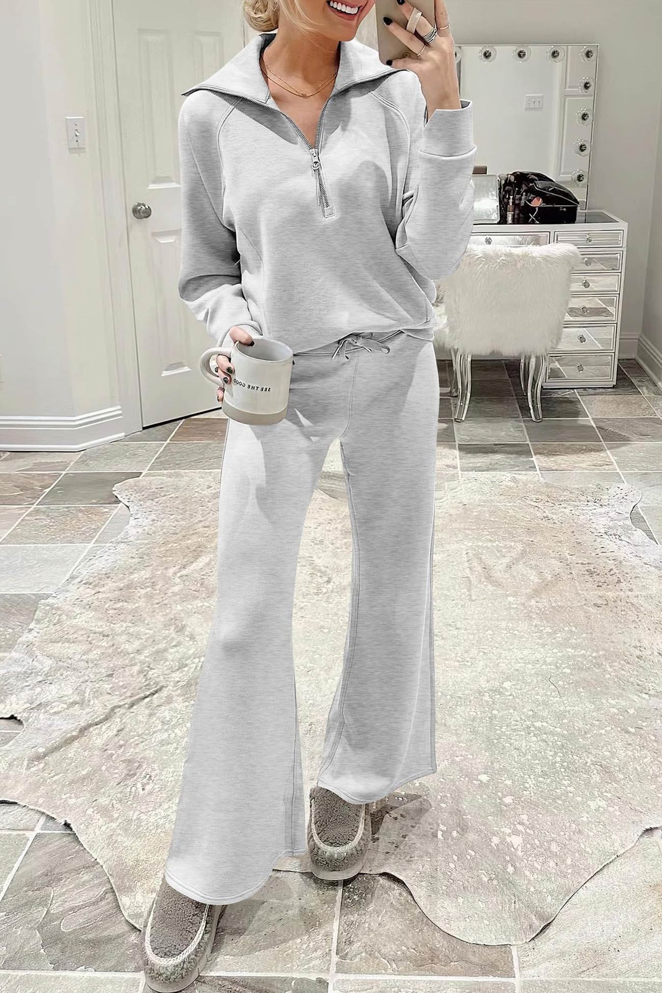 Lapel Zip-up Sweatshirt Wide Leg Long Pants Set