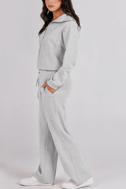 Lapel Zip-up Sweatshirt Wide Leg Long Pants Set