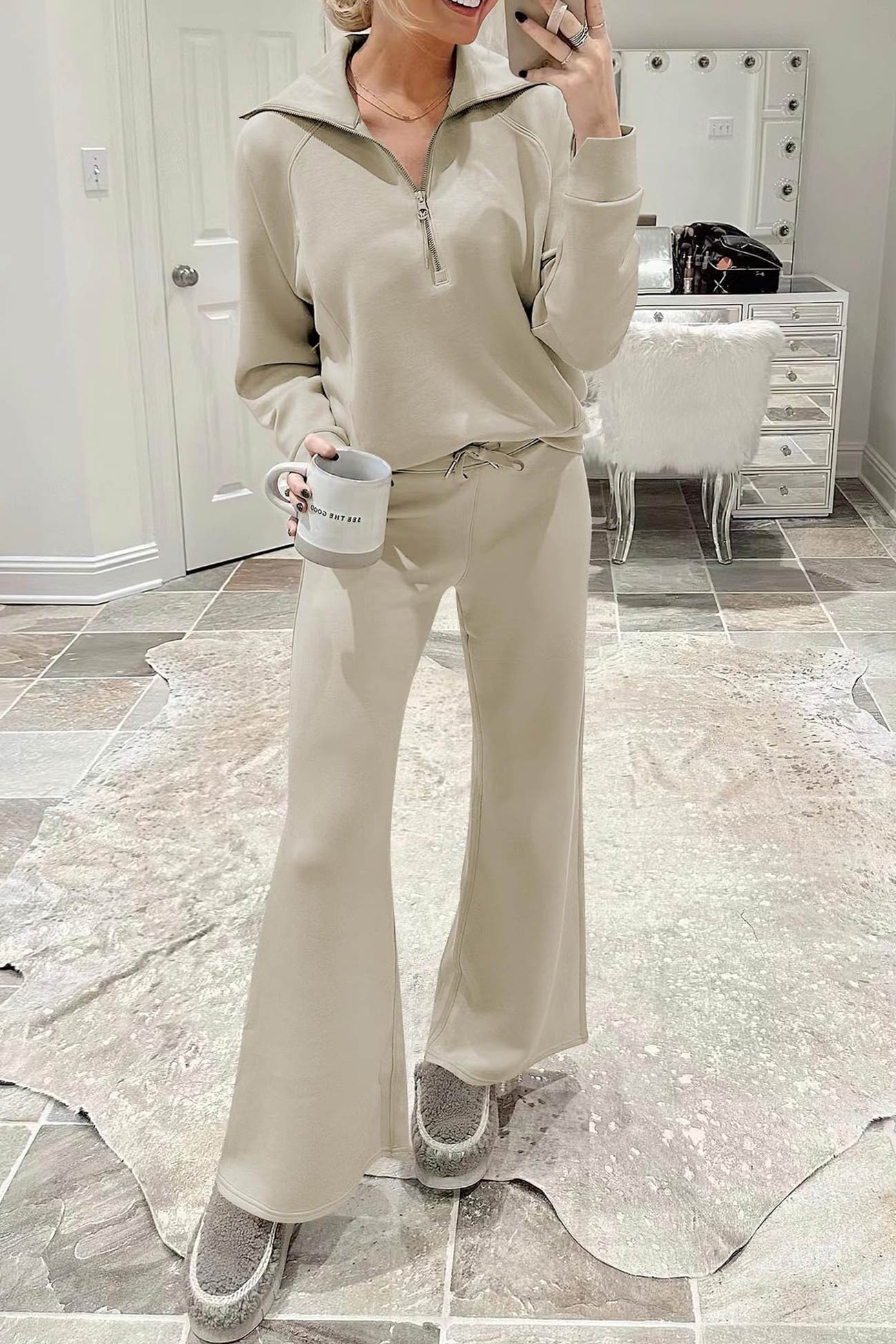 Lapel Zip-up Sweatshirt Wide Leg Long Pants Set