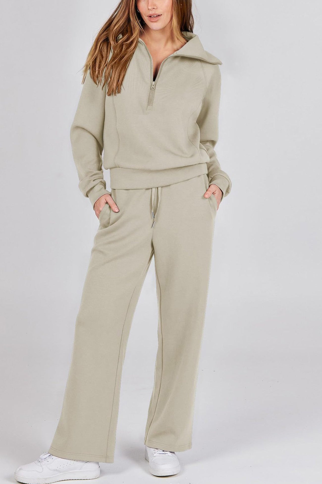 Lapel Zip-up Sweatshirt Wide Leg Long Pants Set