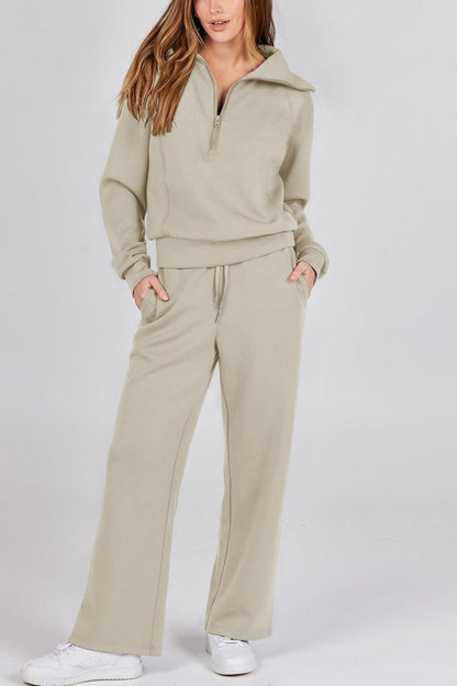 Lapel Zip-up Sweatshirt Wide Leg Long Pants Set