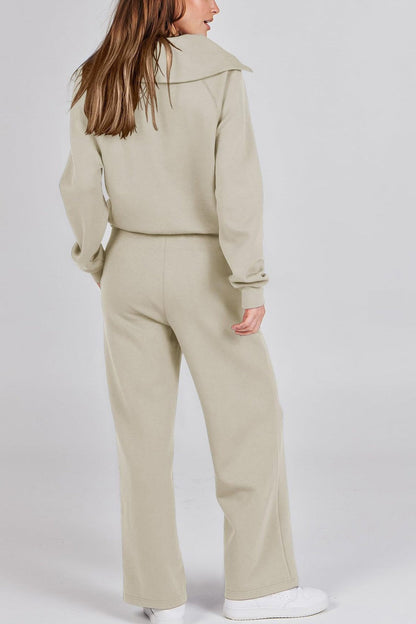 Lapel Zip-up Sweatshirt Wide Leg Long Pants Set