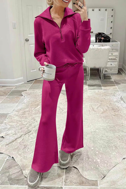 Lapel Zip-up Sweatshirt Wide Leg Long Pants Set