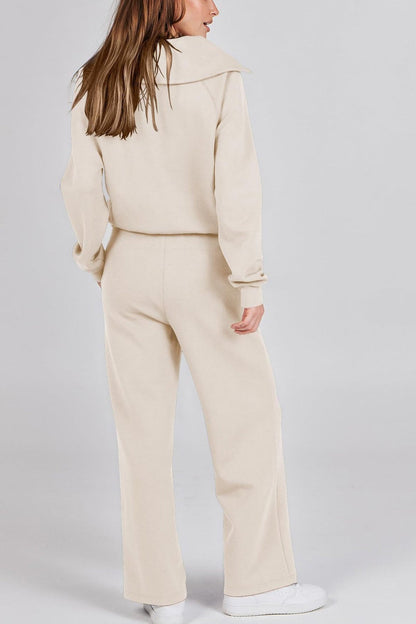 Lapel Zip-up Sweatshirt Wide Leg Long Pants Set