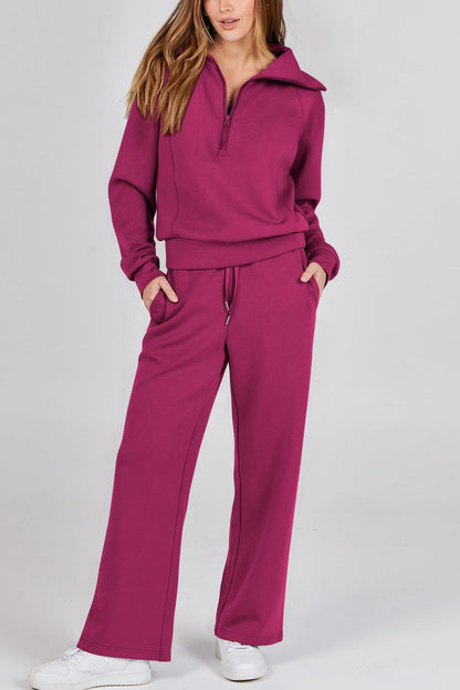 Lapel Zip-up Sweatshirt Wide Leg Long Pants Set