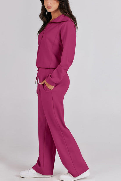 Lapel Zip-up Sweatshirt Wide Leg Long Pants Set