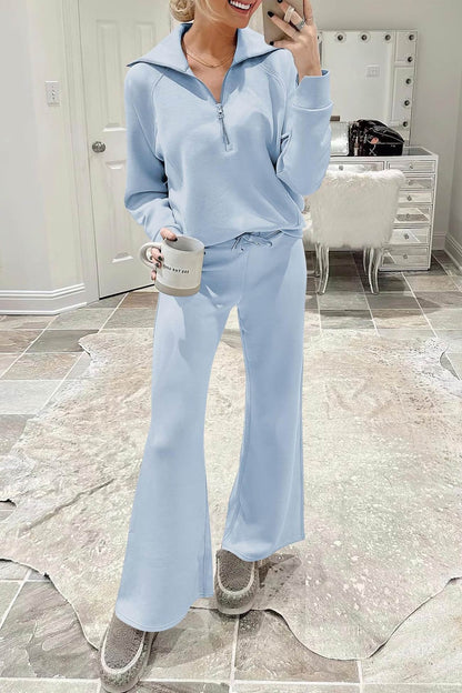 Lapel Zip-up Sweatshirt Wide Leg Long Pants Set