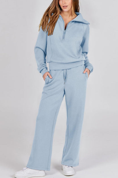 Lapel Zip-up Sweatshirt Wide Leg Long Pants Set