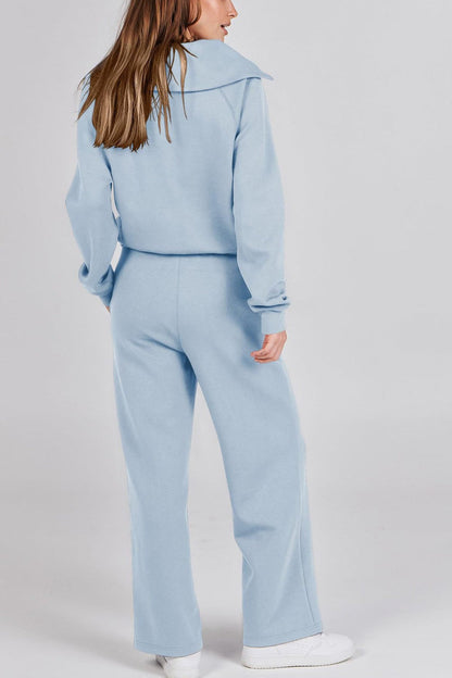 Lapel Zip-up Sweatshirt Wide Leg Long Pants Set