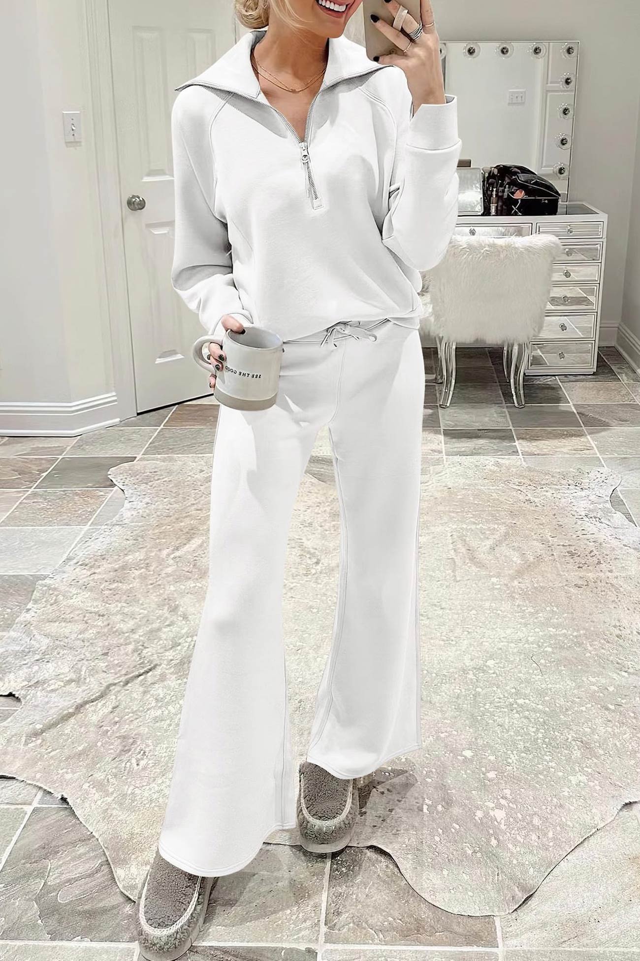 Lapel Zip-up Sweatshirt Wide Leg Long Pants Set