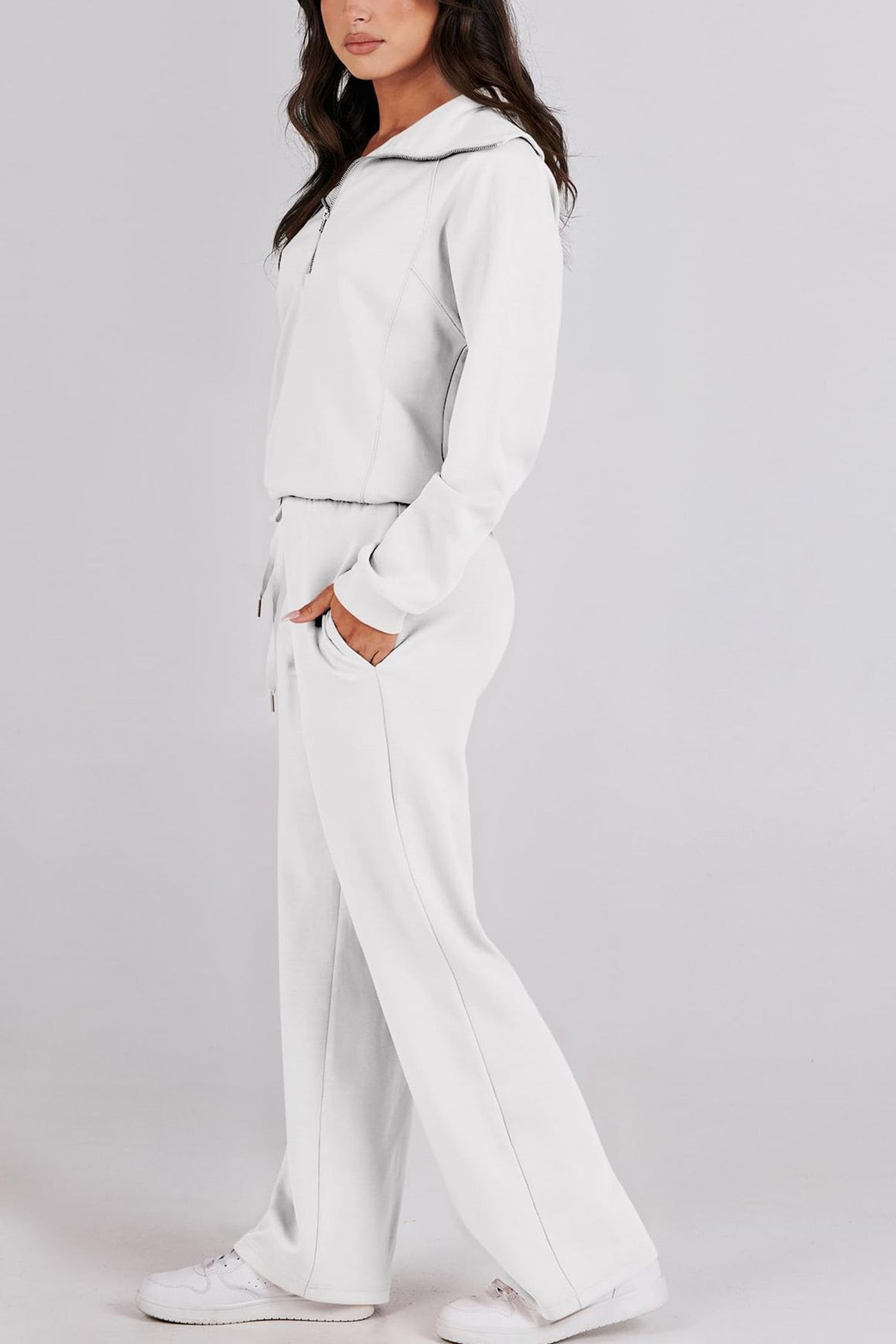 Lapel Zip-up Sweatshirt Wide Leg Long Pants Set