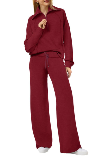 Lapel Zip-up Sweatshirt Wide Leg Long Pants Set