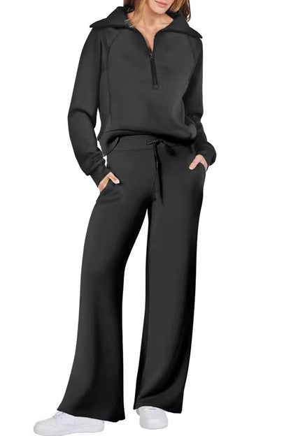 Lapel Zip-up Sweatshirt Wide Leg Long Pants Set