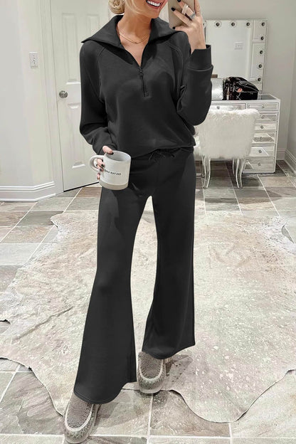 Lapel Zip-up Sweatshirt Wide Leg Long Pants Set