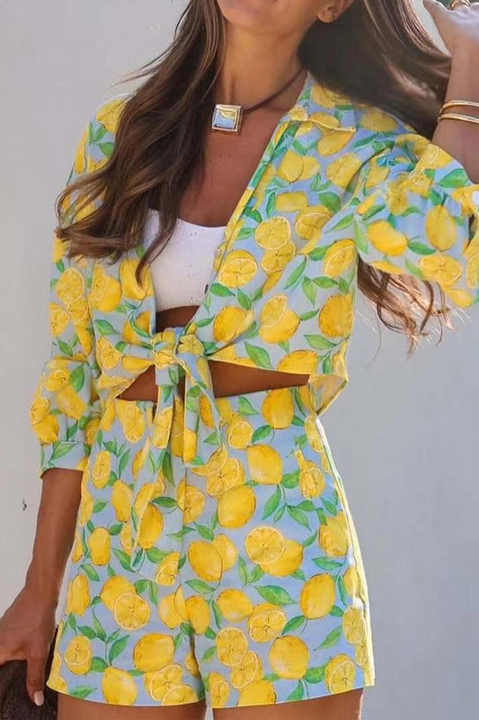 Lemon Print Tie Up Shorts Two Piece Set