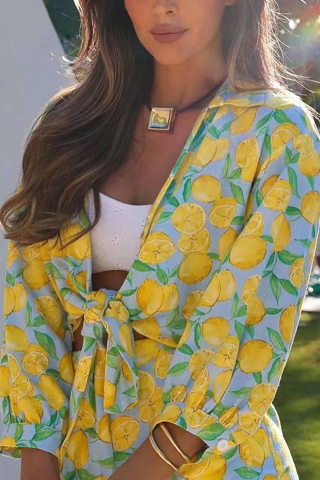 Lemon Print Tie Up Shorts Two Piece Set