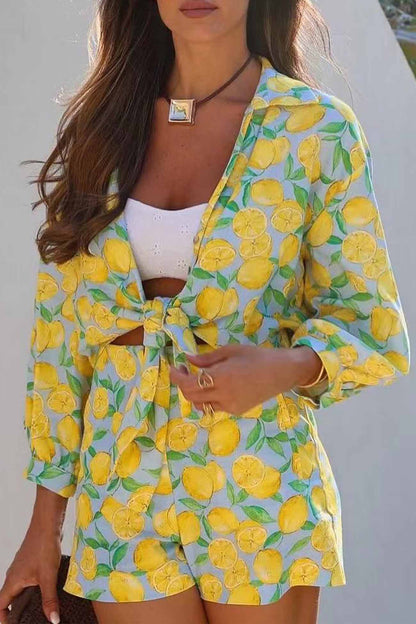 Lemon Print Tie Up Shorts Two Piece Set