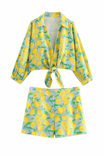 Lemon Print Tie Up Shorts Two Piece Set