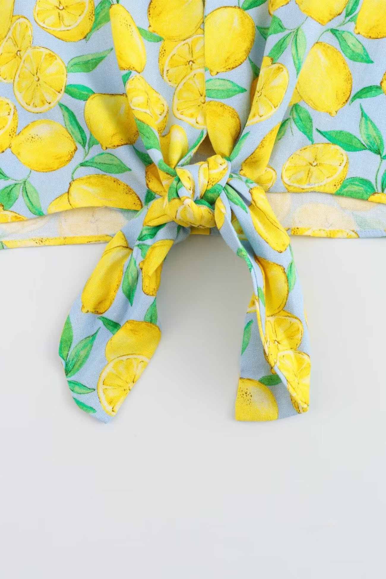 Lemon Print Tie Up Shorts Two Piece Set